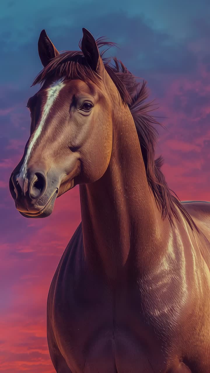 Vertical video: Tilting bay horse's head to camera, mane rippling in breeze at dusk sky, blaze