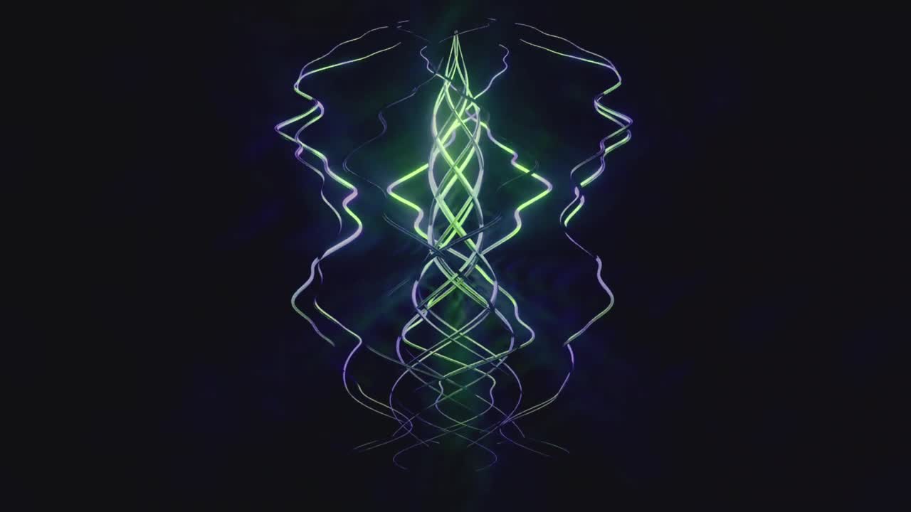 Linee astratte luminose verdi e viola che formano motivi dinamici