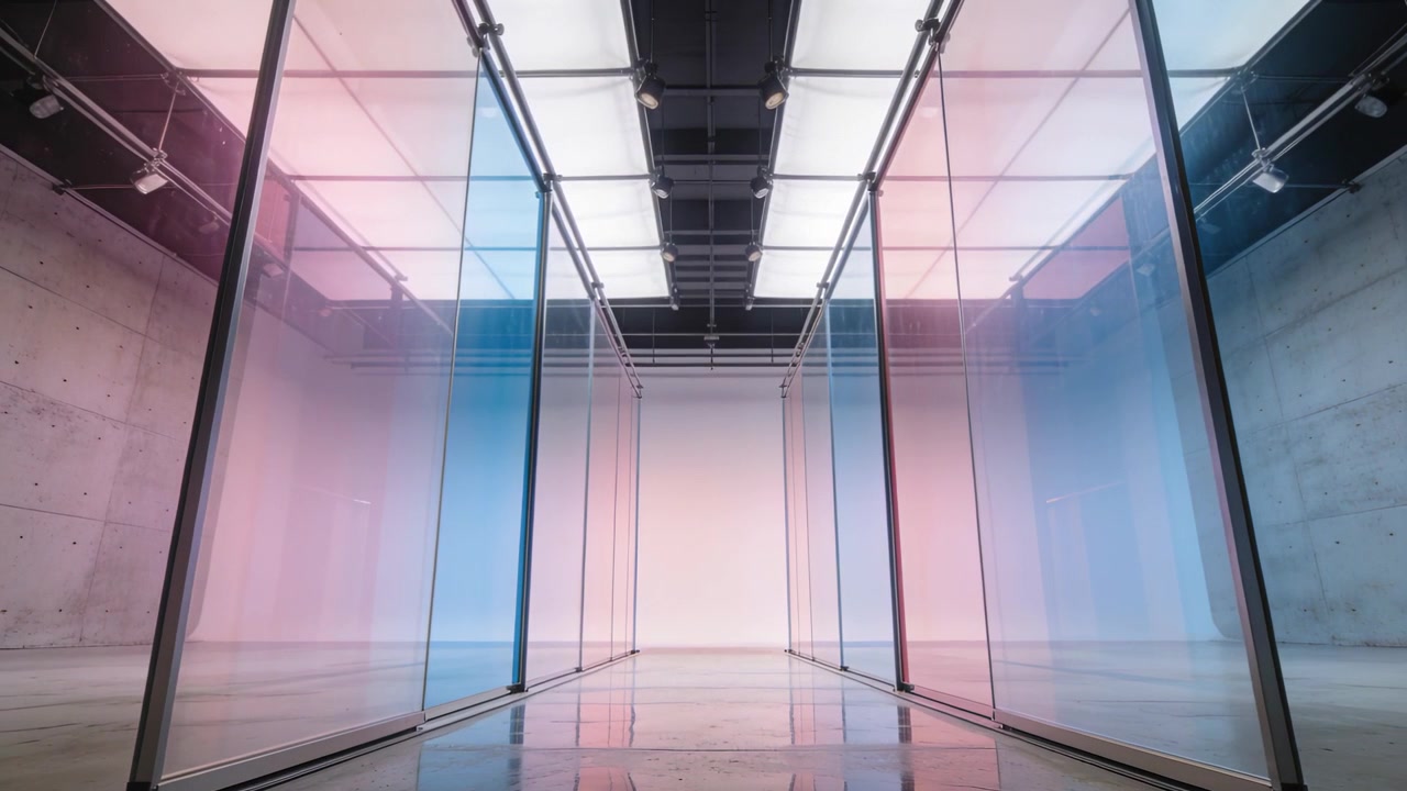 Tracking camera gliding forward in gallery, revealing tinted glass panels and metal frames to exit