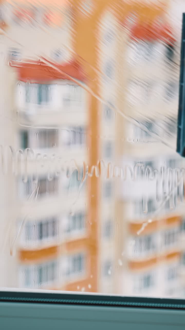 Squeegee Cleaning Window Glass. Close up of washing glass with squeegee