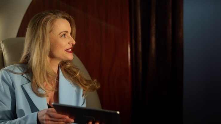 Successful businesswoman talking deal with partner in golden sunlight closeup.