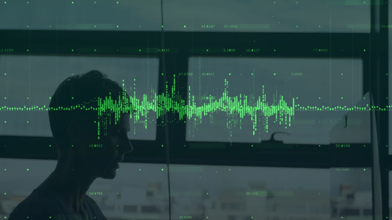 Silhouette of person with green soundwave animation over window background