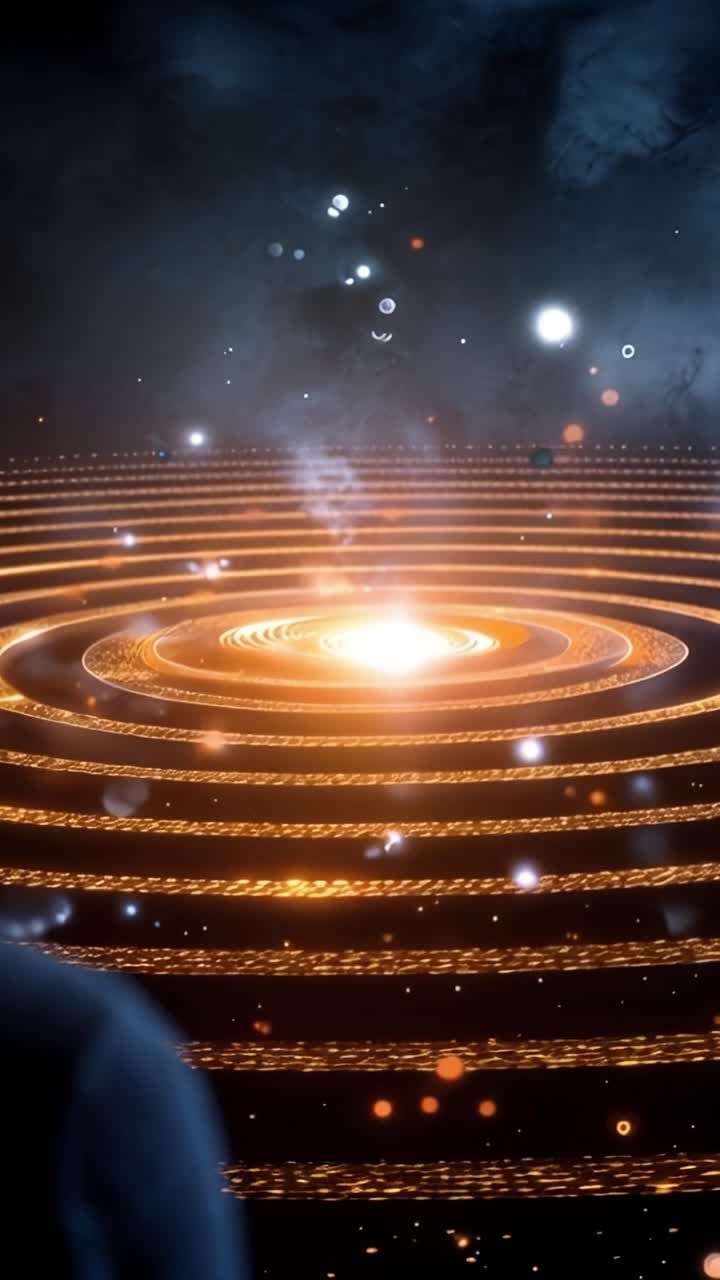 Una scena contemplativa: una persona guarda nelle profondità cosmiche, osservando i motivi mistici e le luci incandescenti di un'allettante formazione celeste.