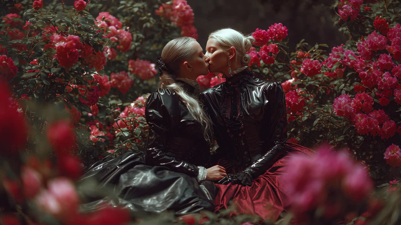 Romantic kiss in rose garden two women in black leather embrace in field