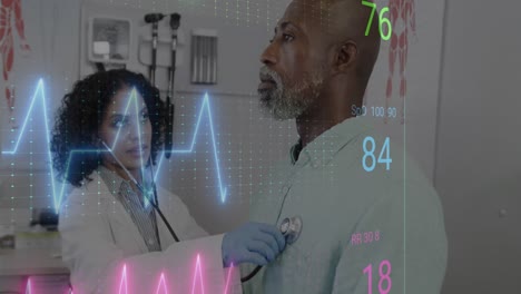 Animation-of-colourful-cardiographs-over-diverse-patient-and-doctor-treating