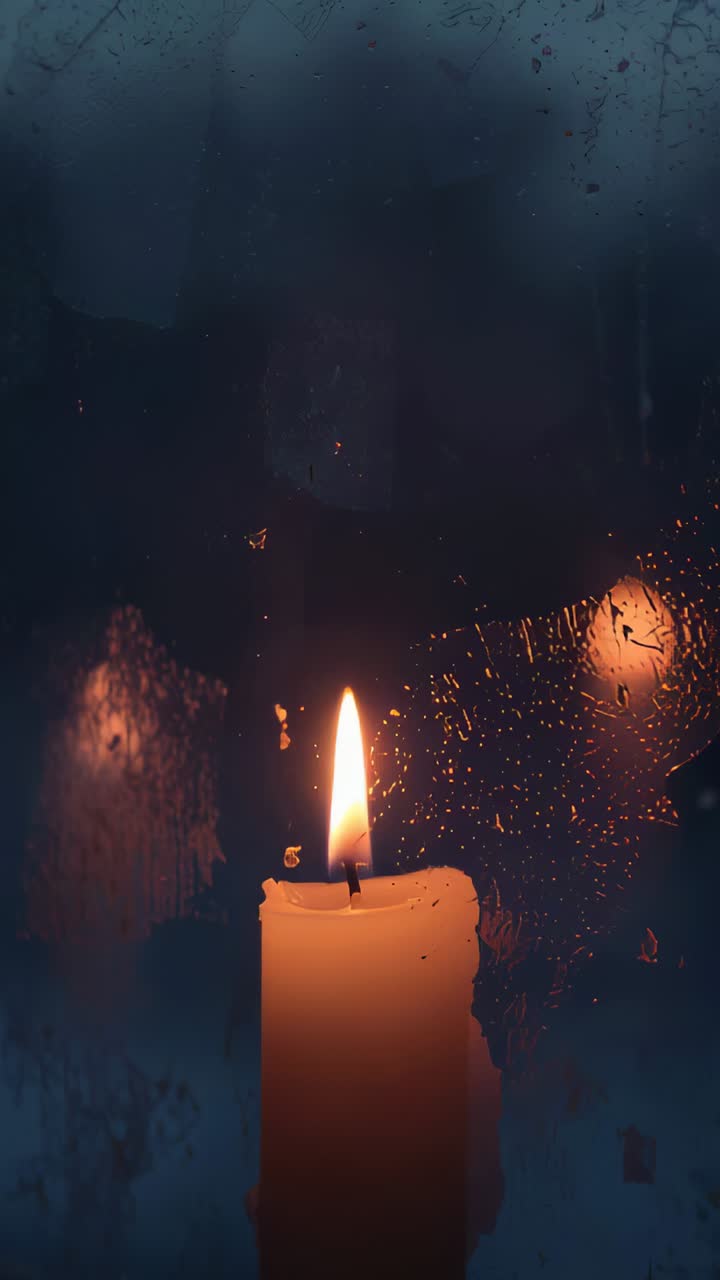 Vertical video: Flickering ivory pillar candle melting wax on sill at night raindrops causing bokeh