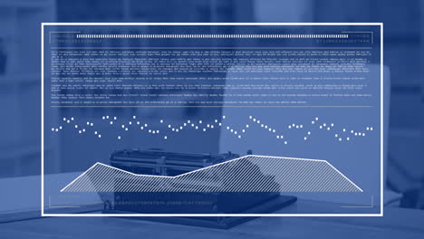 Animation-of-data-processing-and-diagrams-over-empty-office-with-typewriter