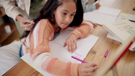 girl, writing and abacus with homework