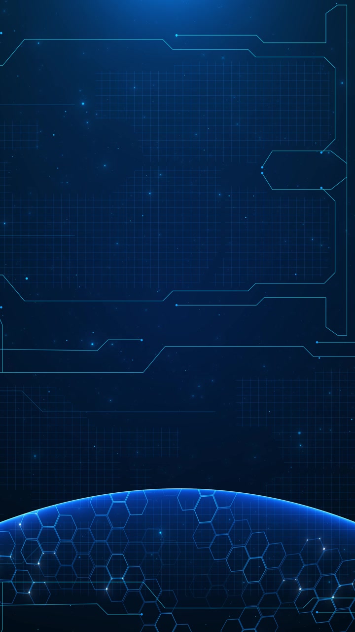 Global blue tech interface screen with glowing circuit outlines hexagonal planet surface data grid