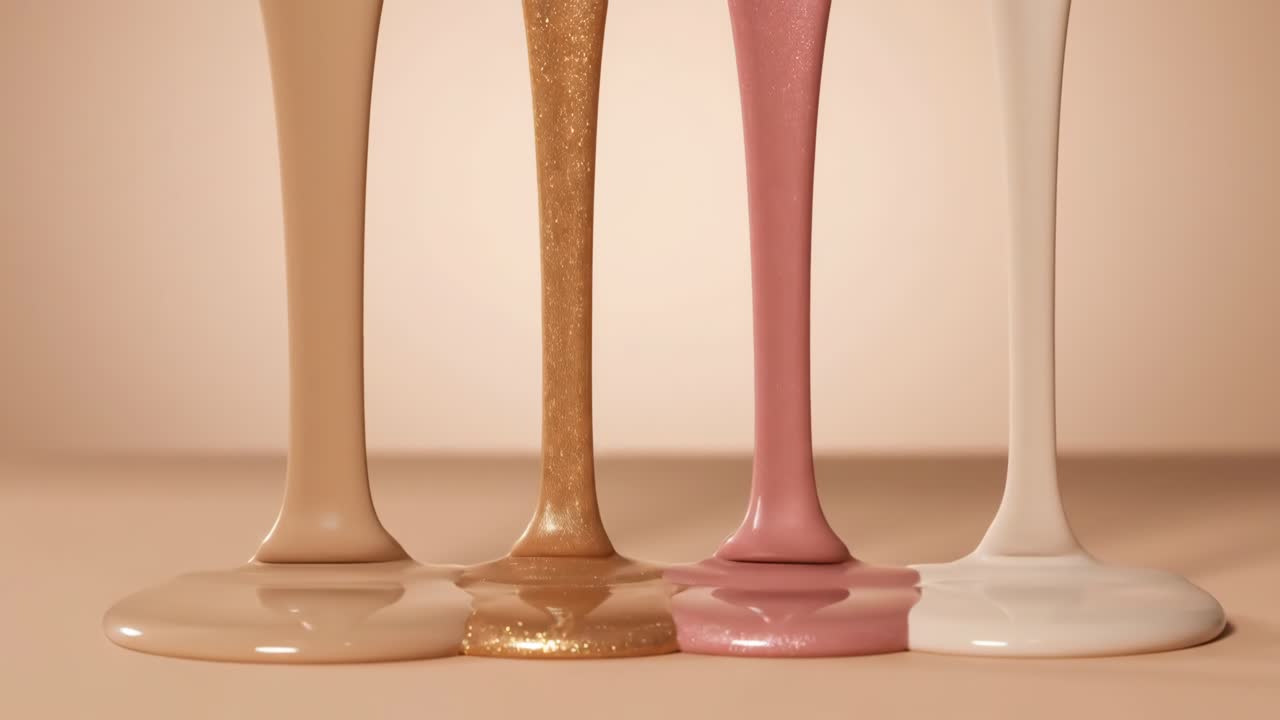 Cuatro líquidos cosméticos goteando y extendiéndose sobre una superficie beige