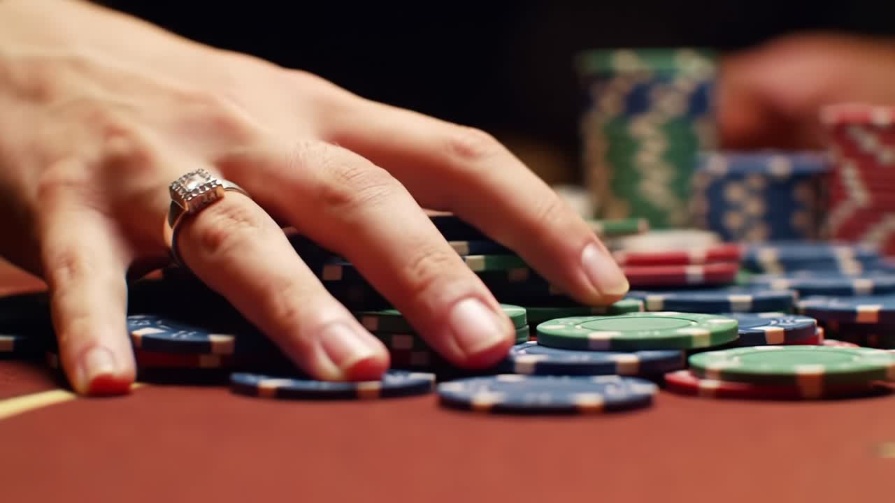 A High-Stakes Gamble: The Art of Chip Stacking in a Tense Poker Game Showcasing Skillful Play and Strategic Decisions Amidst Colorful Chips