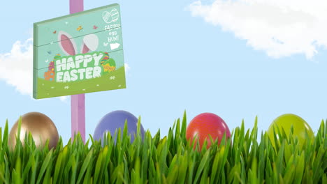 animation of happy easter text on sign multi coloured easter eggs in grass over blue sky