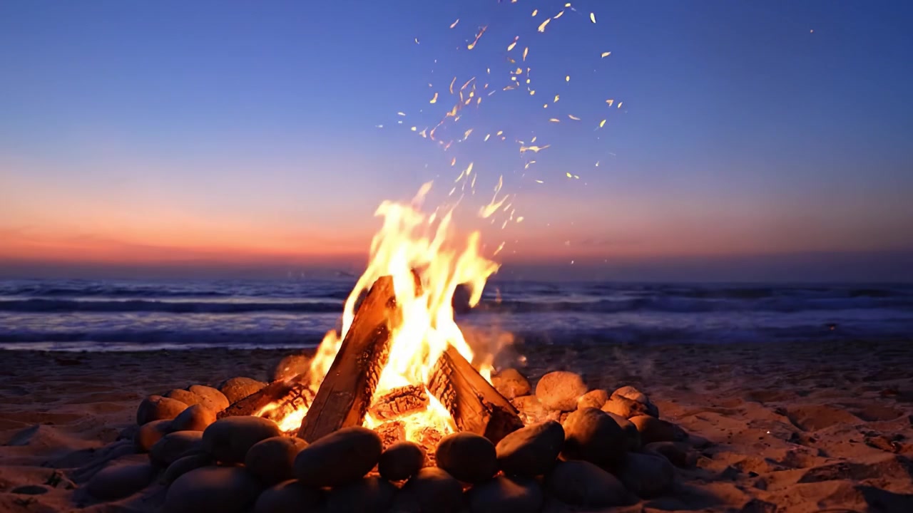 Un sereno falò sulla spiaggia al tramonto: Godendosi la tranquillità delle fiamme tremolanti contro un cielo crepuscolare mozzafiato sull'oceano.