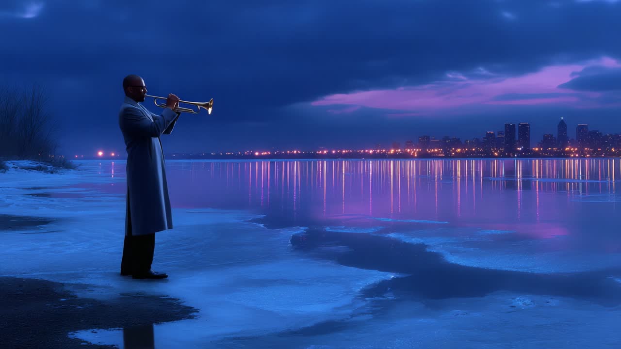 A soulful trumpeter stands alone by a serene lakeshore at dusk, playing his heartfelt melodies against a backdrop of shimmering city lights under a dramatic sky illuminated with hues of blue and purple