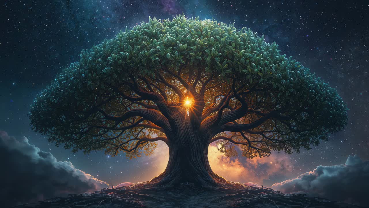 Pulsing golden core within ancient tree brightening canopy on rise ...
