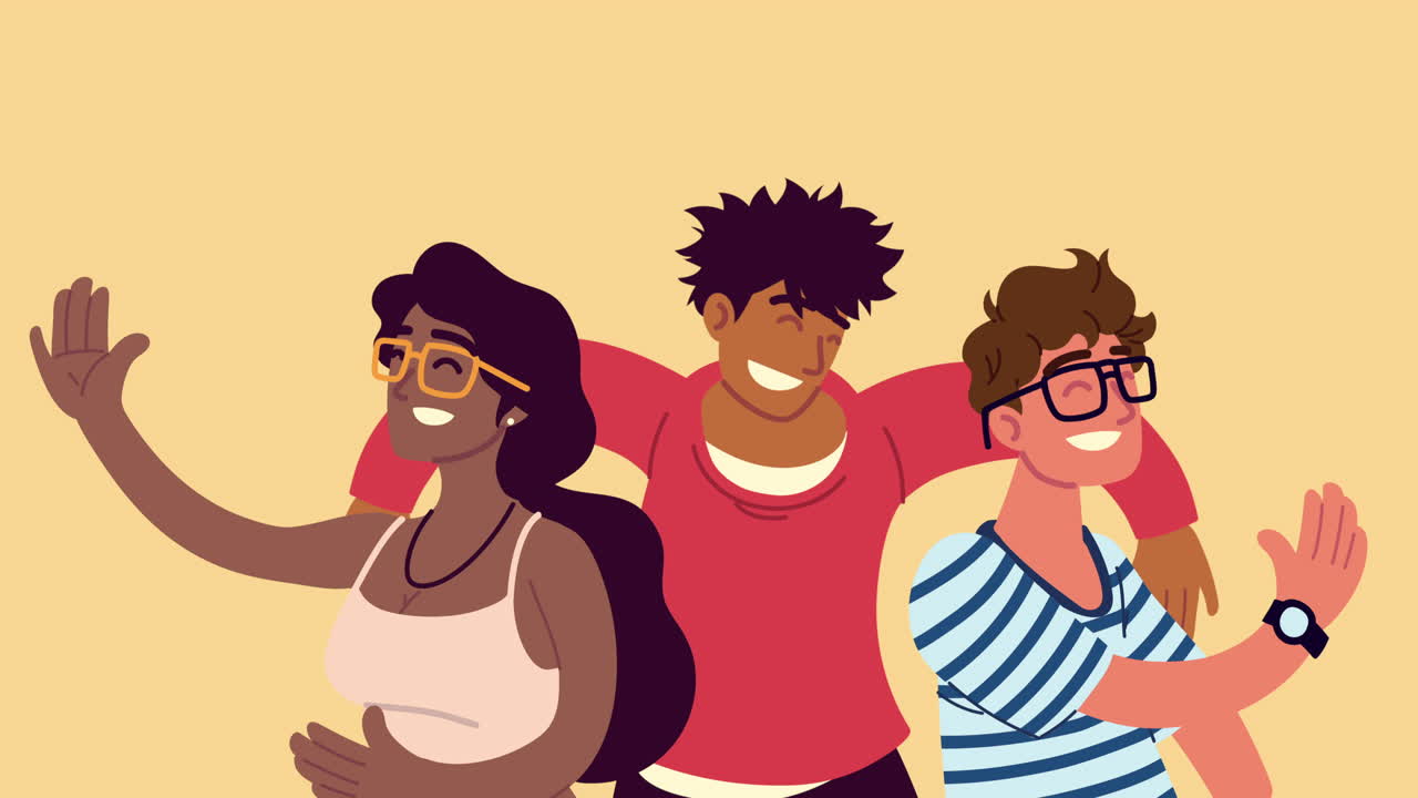 grupo de amigos celebrando personajes de animación