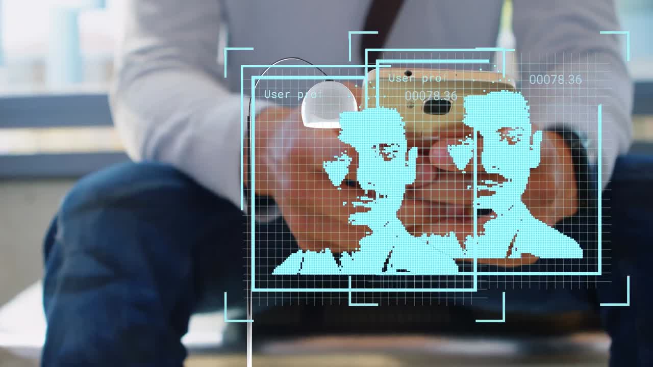 animación de personas iconas sobre hombre biracial usando teléfono inteligente