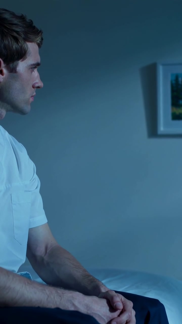 Video verticale: Uomo in divisa medica ripreso seduto su un letto clinico, che si agita guardando a destra, con spazio per il testo.