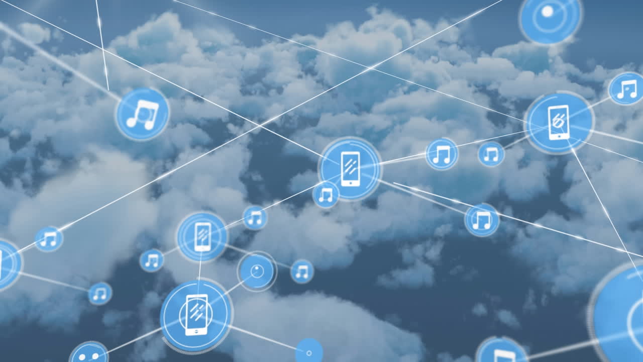 Animation of network of digital icons against clouds in the sky