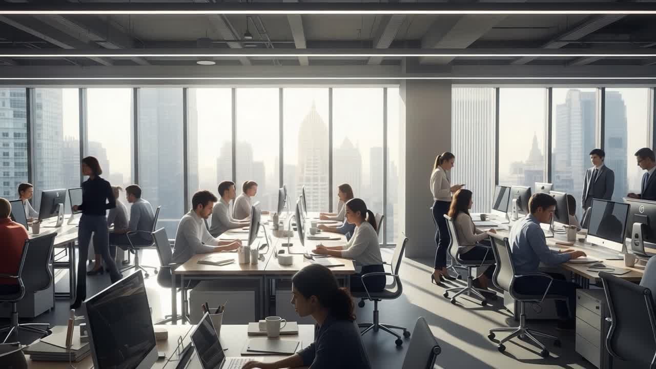Busy Modern Open-Plan Office with Professionals Working