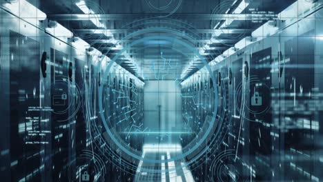 animation of cyber security text, padlock in circle with icons over computer language on server room