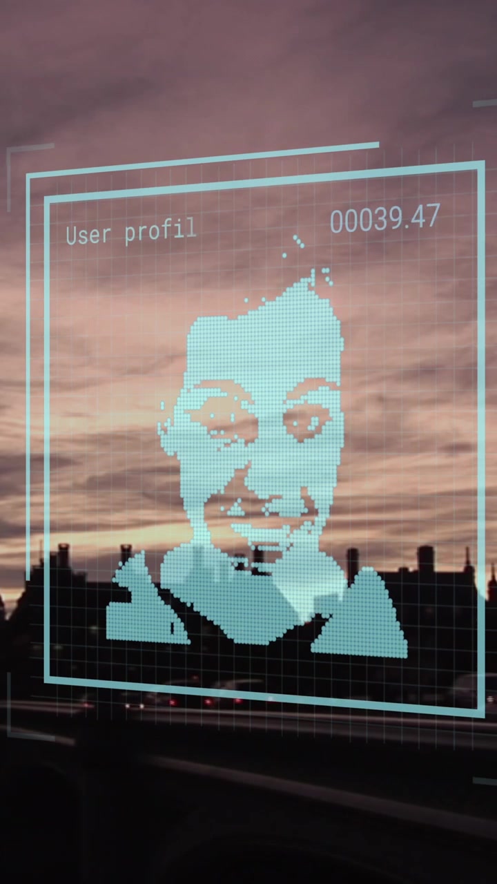 Animation of biometric photo and data processing over london cityscape