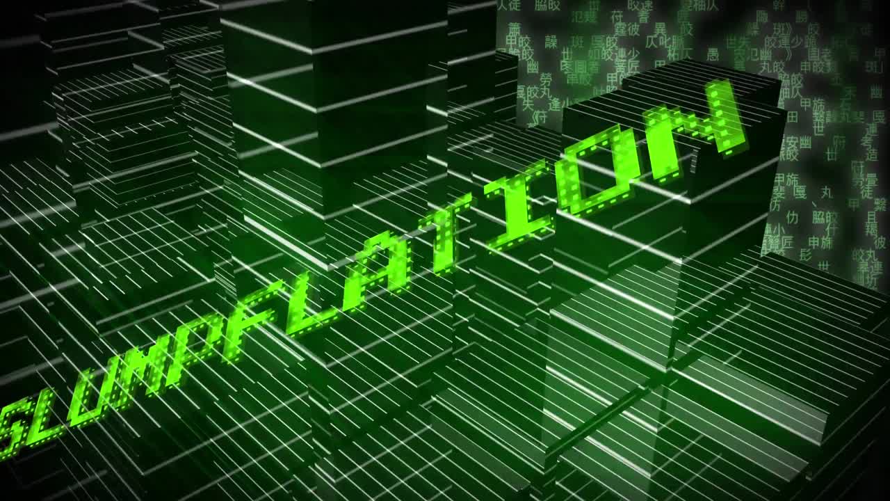Animation of slumpflation text over digital city