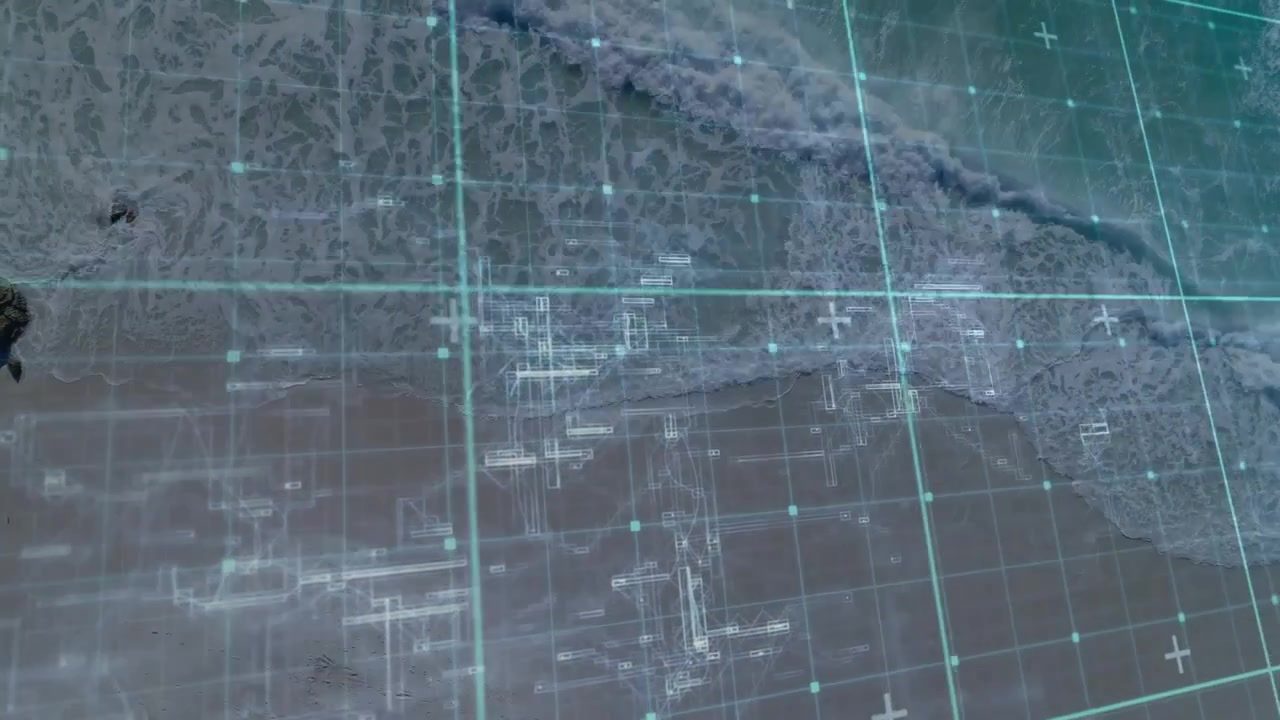 Turquoise grid network flowing along shore while foamy wave revealing lines and icons in 3D render
