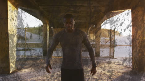 animation of clouds over an exercising african american man