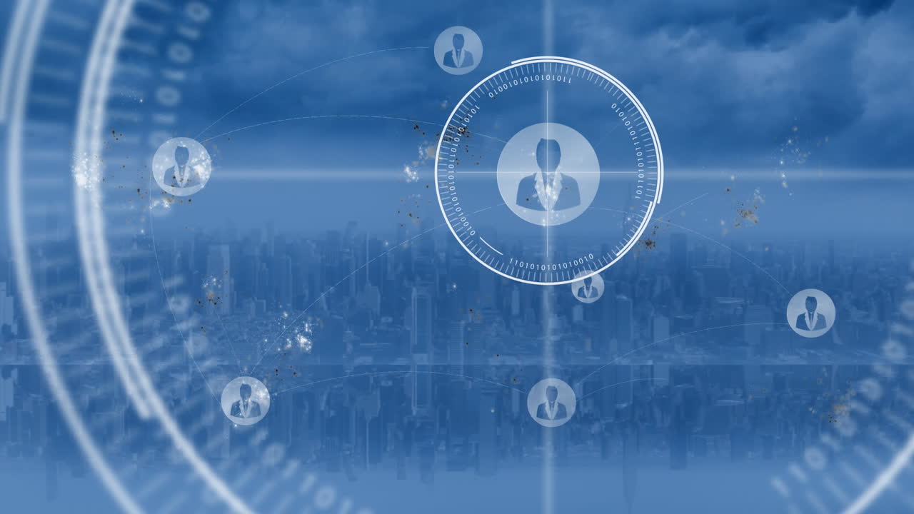 animación de escaneo de ámbitos y iconos de usuario sobre el paisaje urbano