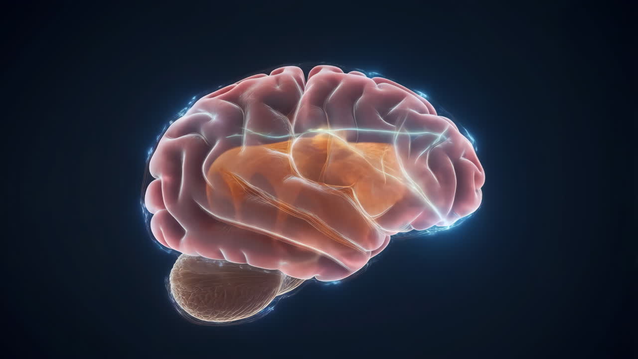 3D-gengivelse af en menneskehjerne med glødende neural aktivitet