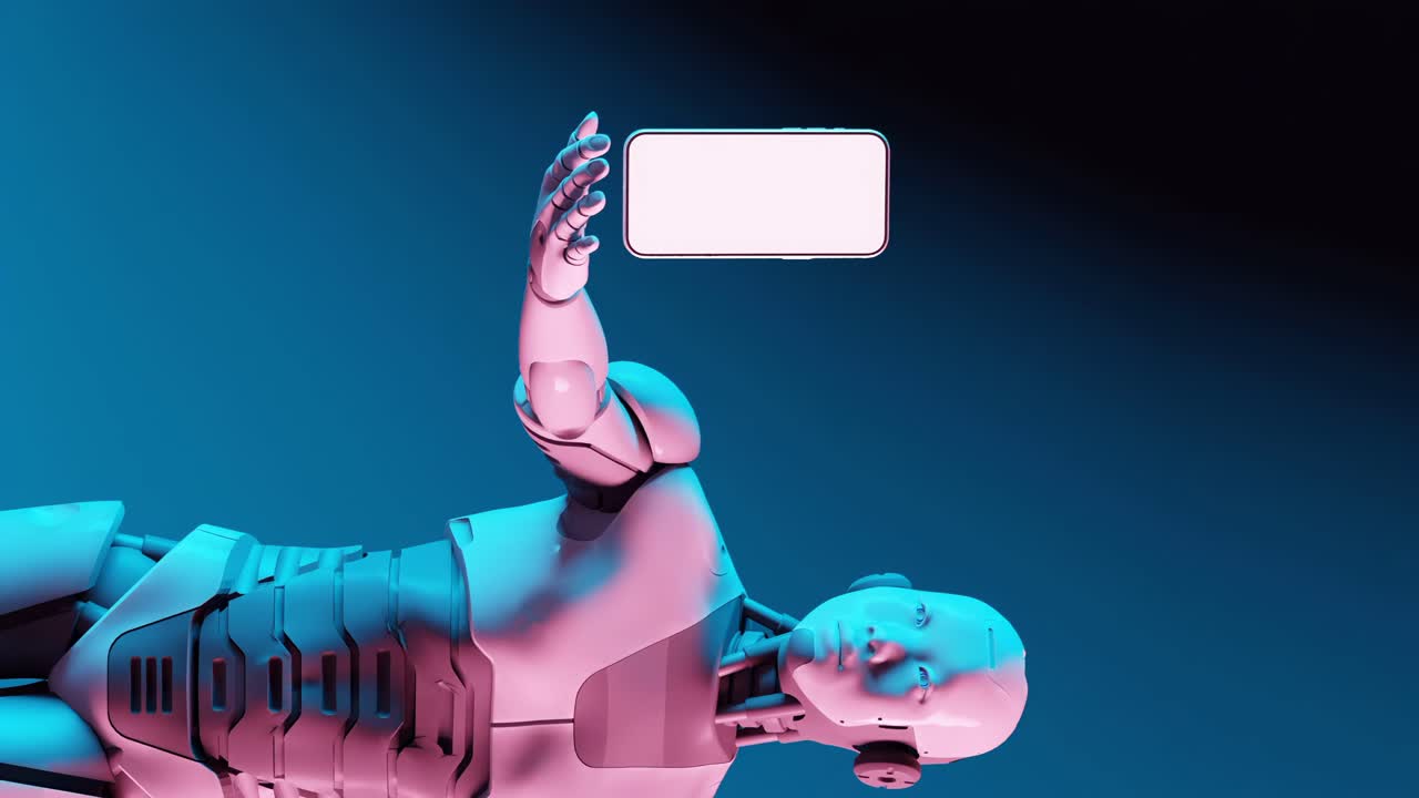 la figura robótica generada por computadora presenta un dispositivo de teléfono inteligente. vertical