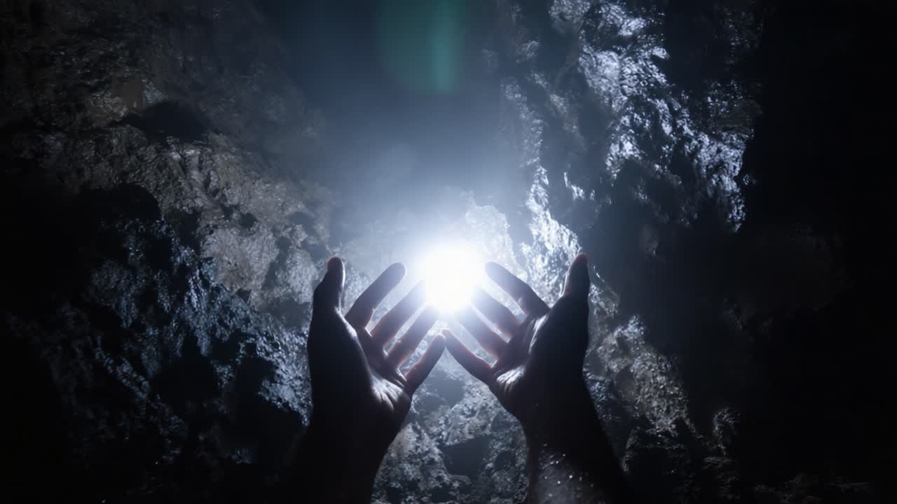Illuminating the Depths: A Journey of Discovery in a Mysterious Cave, Where Hands Reach Out to Embrace the Radiant Light, Signifying Hope, Exploration, and the Search for Meaning in Darkness