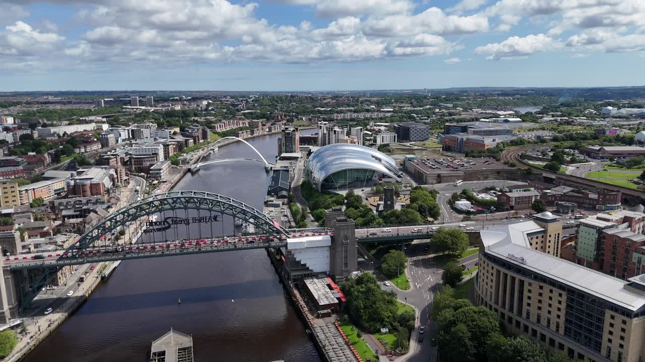 Drone Aerial View Footage Newcastle Upon Tyne City Tyneside Geordie North East England UK Gateshead Bridge