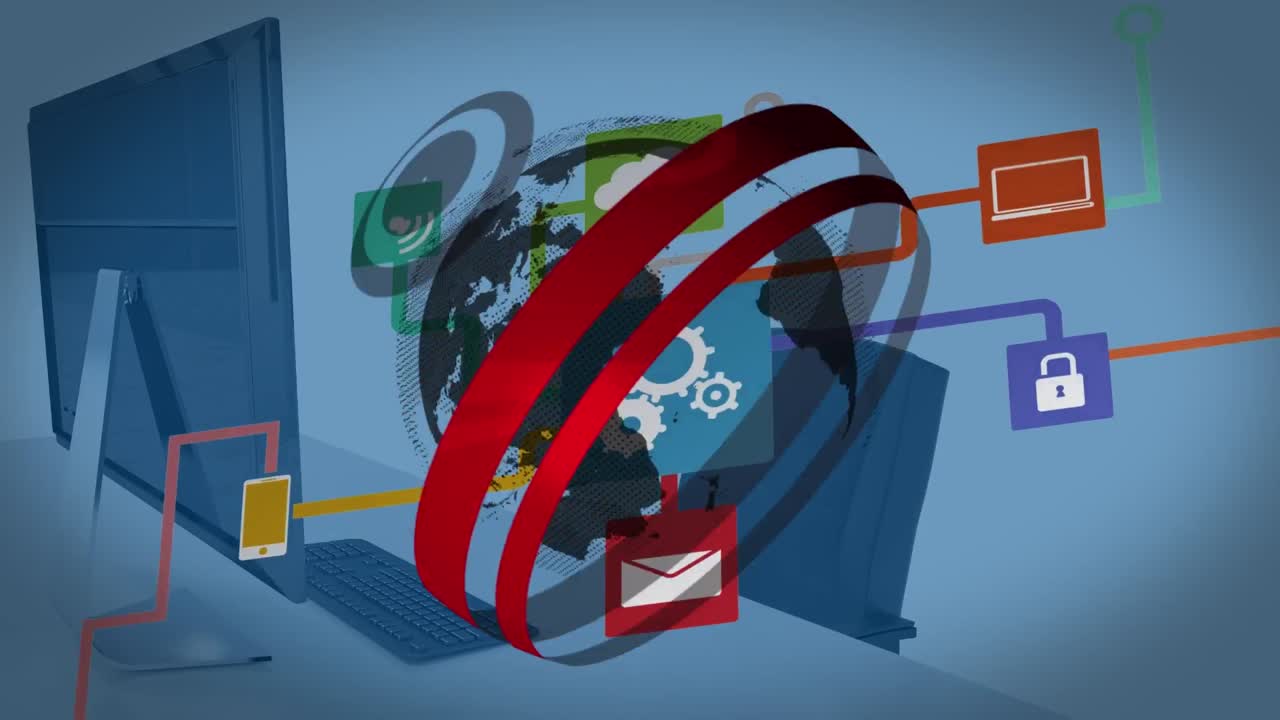 animación del globo y la red de conexiones con iconos sobre el escritorio con la computadora