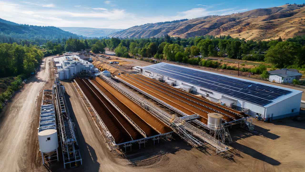Aerial View of a Composting Plant with Solar Panels