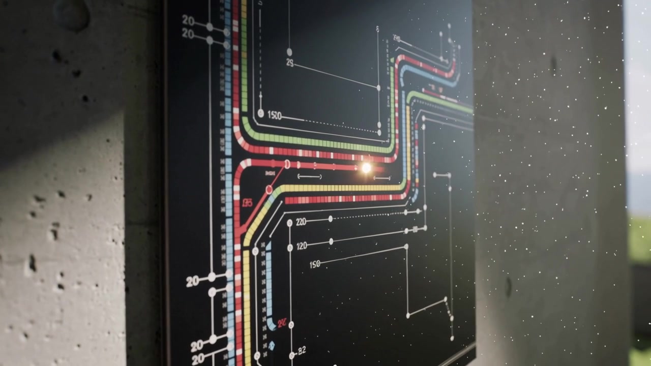 Gliding camera revealing framed schematic with colored tracks on concrete near window, showing dust