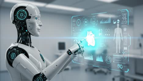 advanced healthcare robot analyzing vital signs and displaying heart health metrics in a high-tech medical environment for future innovations