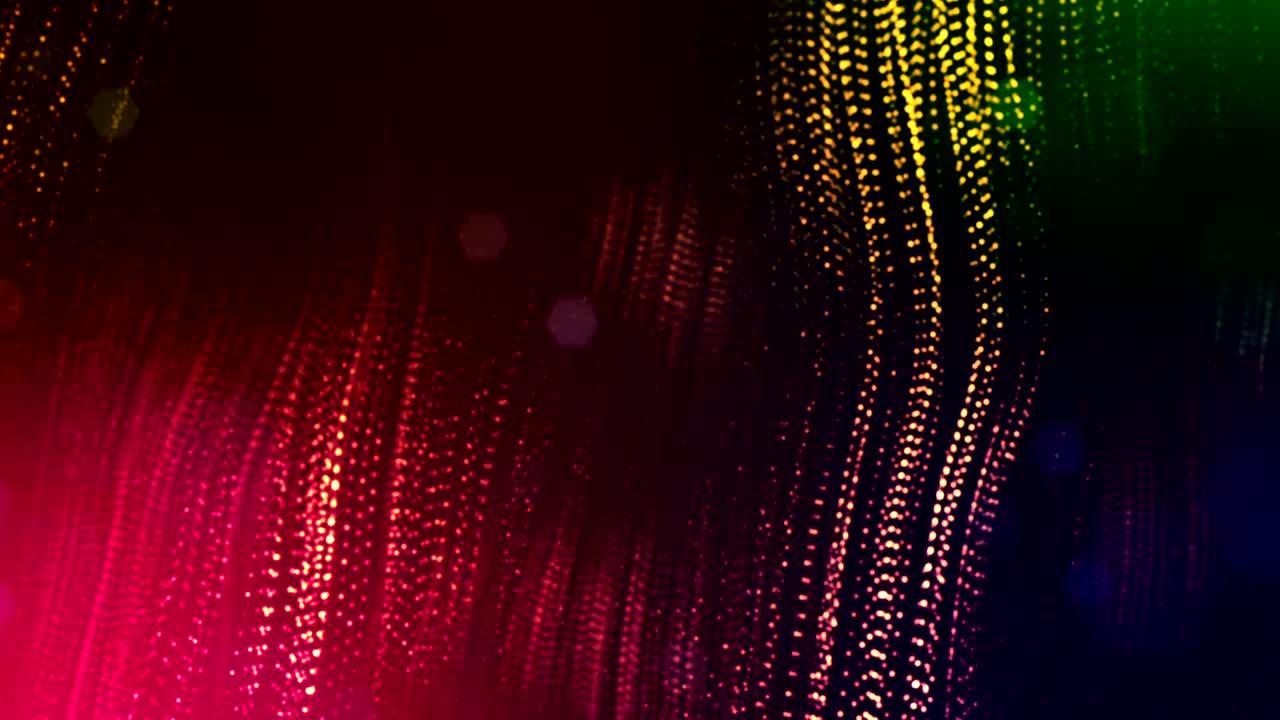 3d multi-colored background with fantastic luminous particles. Looped 3d animation with depth of field, light effects. Modern digital background. Curved lines 2