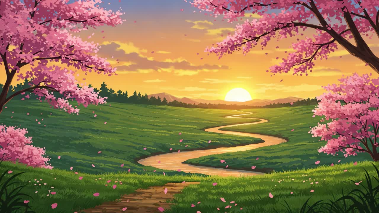 A Serene Landscape at Sunset: Blossoming Cherry Trees Framing a Gentle River Flowing Through a Lush Green Meadow Beneath a Colorful Sky