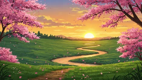 a serene landscape at sunset: blossoming cherry trees framing a gentle river flowing through a lush green meadow beneath a colorful sky