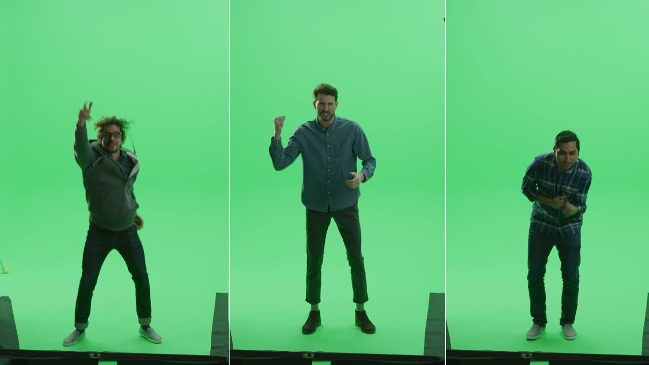 3 인 1 스플릿 그린 스크린 스튜디오: 다양한 민족의 세 명의 잘생긴 남자들이 스포츠 이벤트, 콘서트, 페스티벌, 파티에서 승리를 응원하고, 춤추고, 박수를 치며 축하합니다.