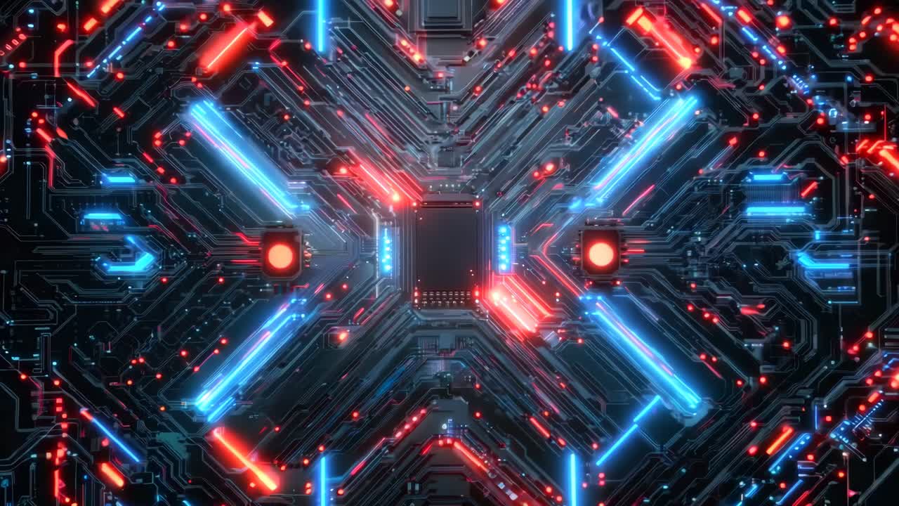 A computer circuit board with red and blue lights