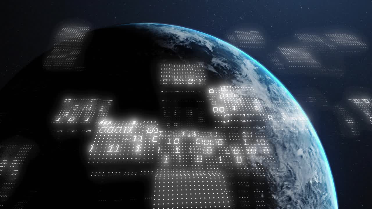 On data pulse planet opening, matrices drifting and converging, scanning to reveal cloud and land