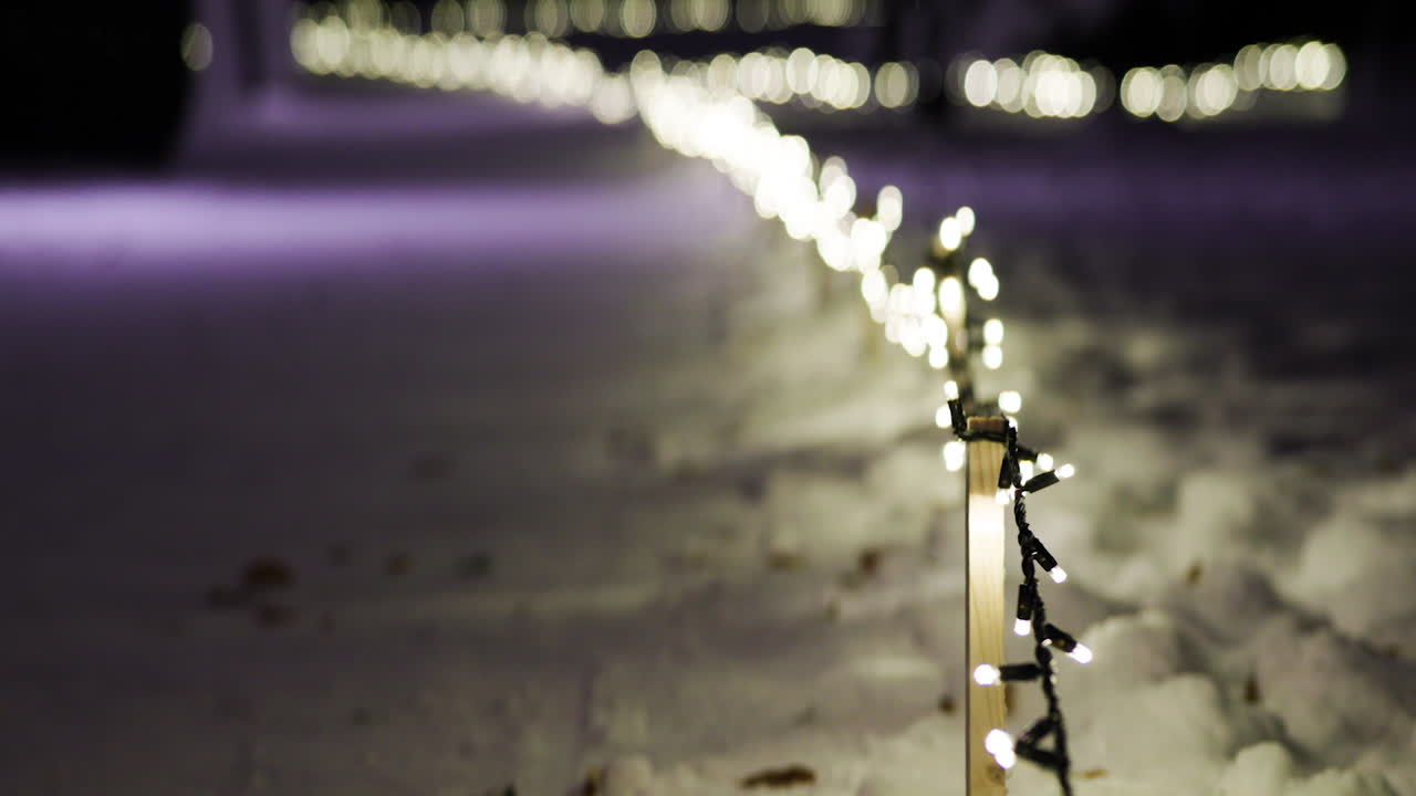 Blurry lights on winter walkway in park, anamorphic bokeh