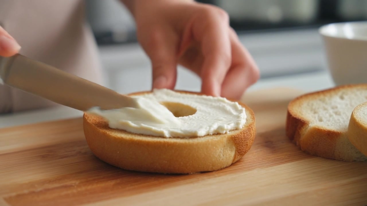 Persona che spalma formaggio spalmabile su un bagel tostato