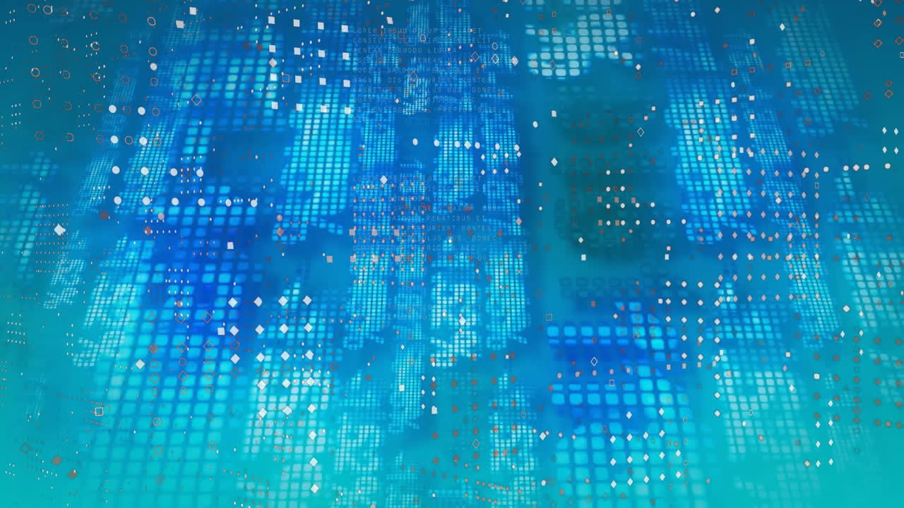 Digital data processing animation with blue pixelated patterns and abstract shapes