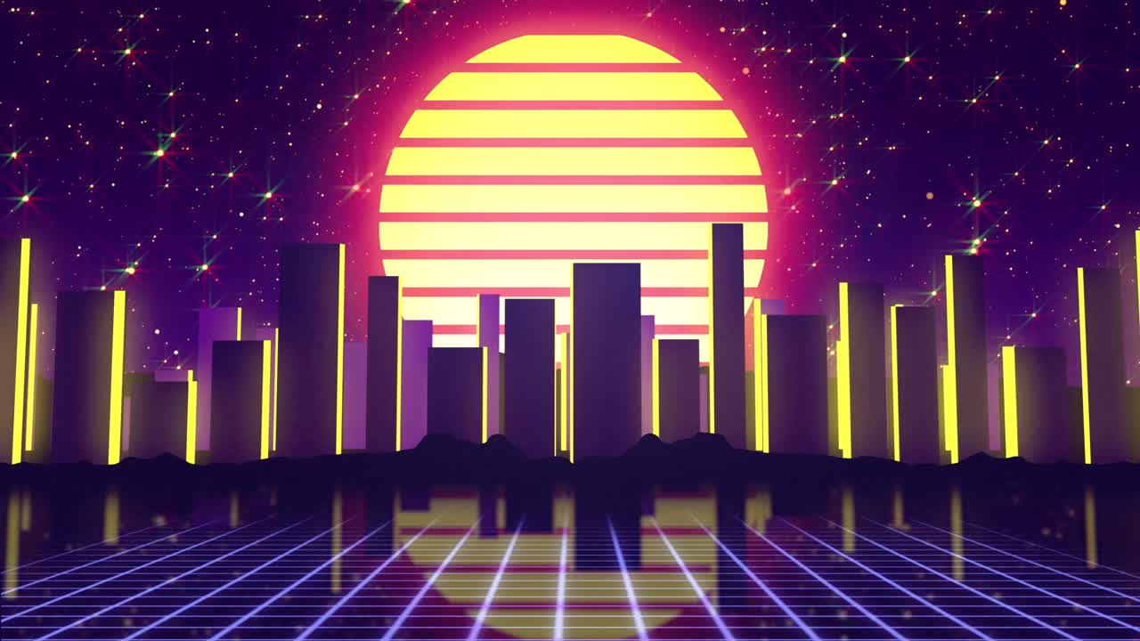 Paesaggio urbano synthwave rétro con sole al neon e riflesso a griglia