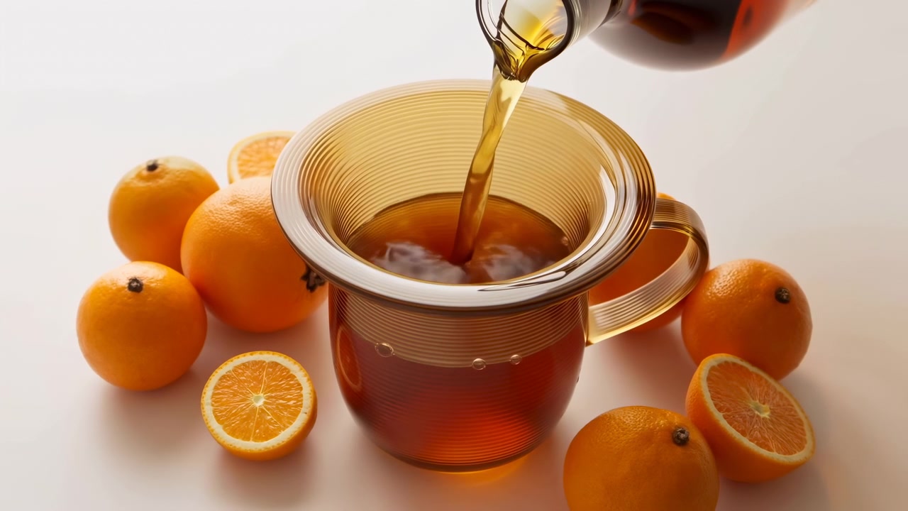 Versare il tè in un colino di vetro, arance disposte su un piano d'appoggio bianco e minimale per un'infusione agrumata color ambra caldo
