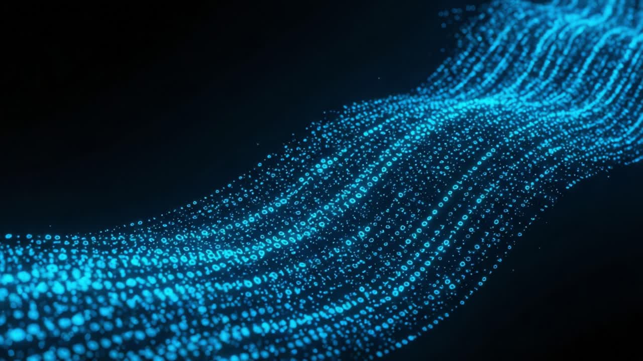 A Glowing Stream of Particles: Captivating Digital Visualization of Light and Motion in a Mesmerizing Flowing Pattern, Perfect for Artistic and Technological Themes